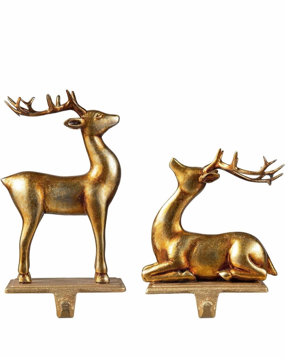New Glitzhome Gold Standing & Sitting Reindeer Stocking Holder Set